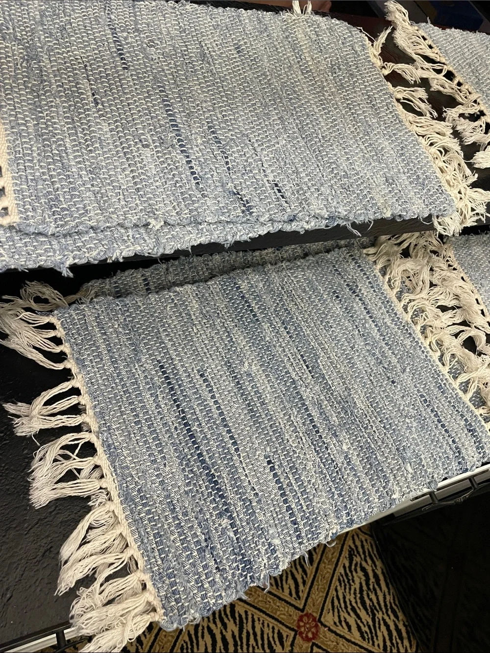 Handwoven Blue & Cream Fringed Place Mats-Set of 6